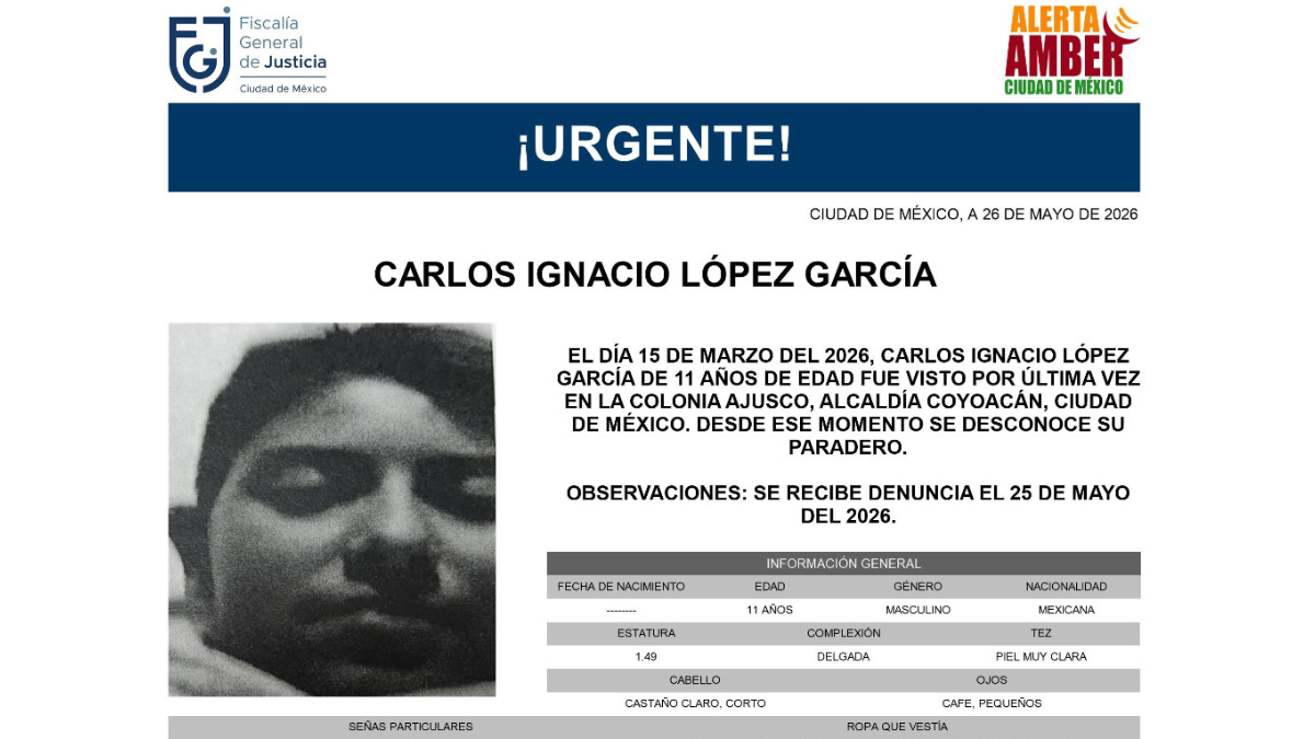 La Fiscalía activó una Alerta Amber para localizar a Carlos Ignacio López García, de 11 años.