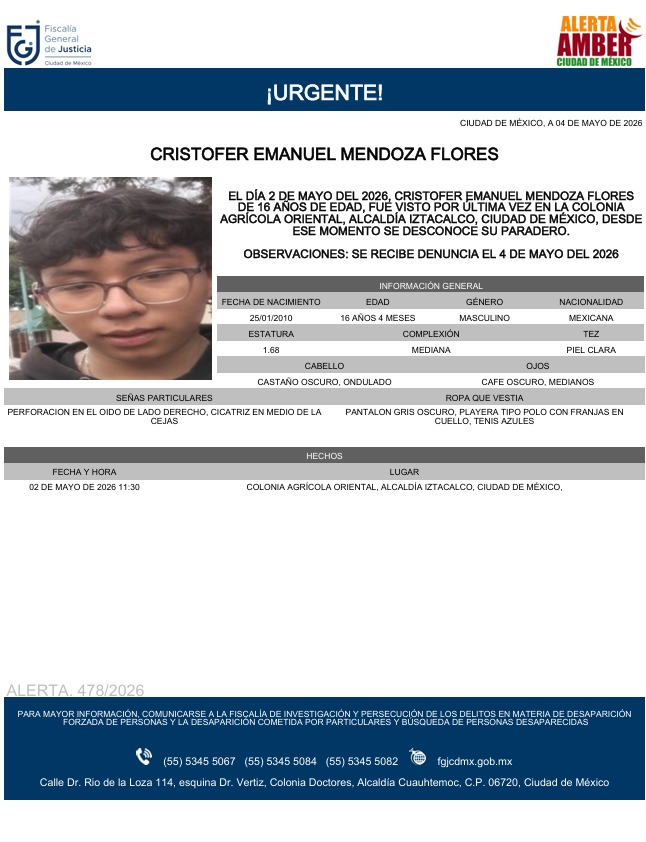 ¿Lo has visto? Cristofer Emanuel Mendoza Flores desapareció en la Agrícola Oriental; activan Alerta Amber.
