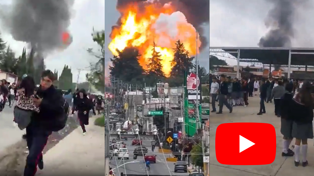 Columna de fuego y humo tras la explosión de presuntas pipas de huachicol en Tepeaca, Puebla.