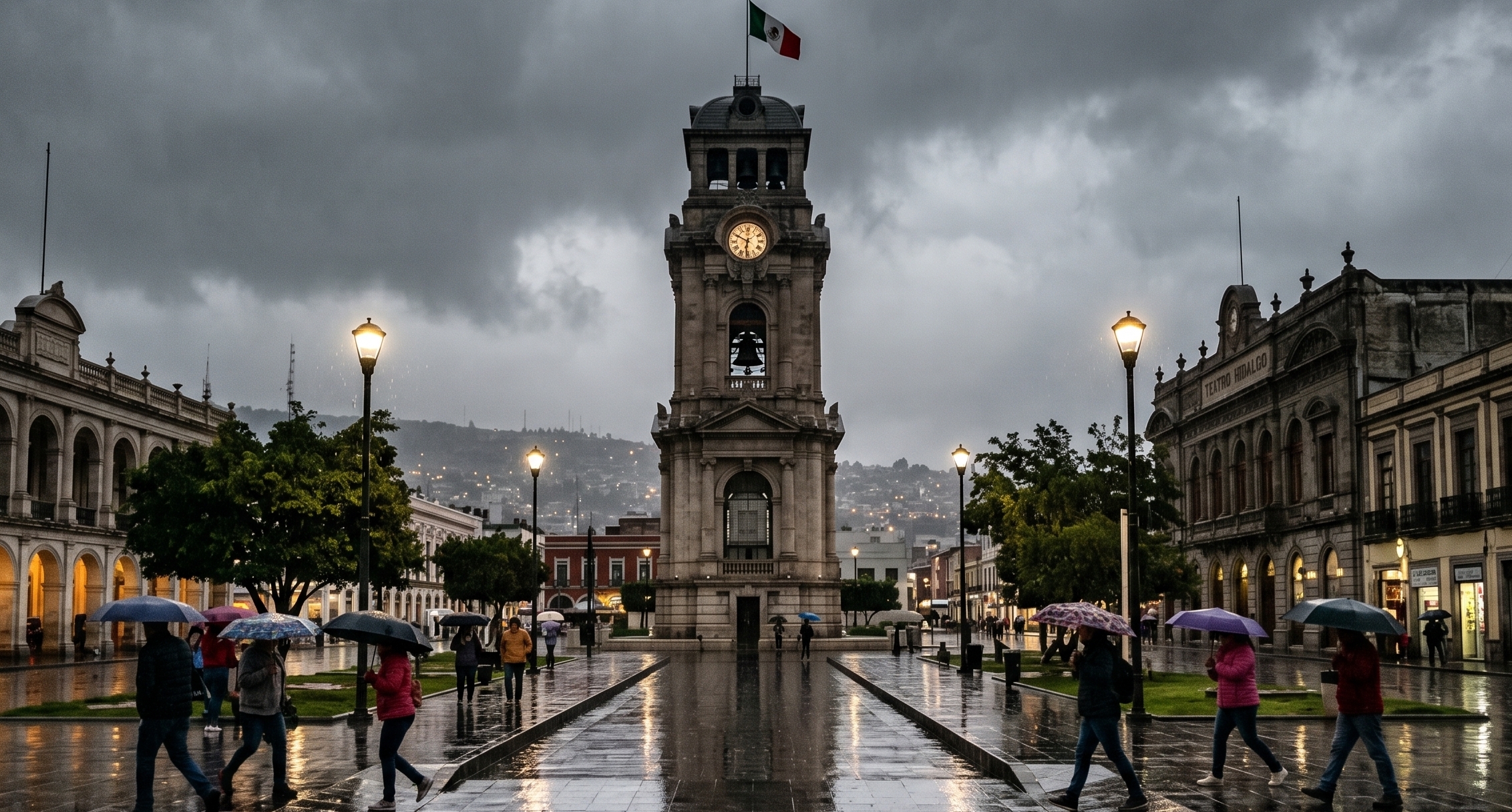 Reloj Monumental de Pachuca bajo un cielo completamente nublado y calles mojadas por la lluvia.