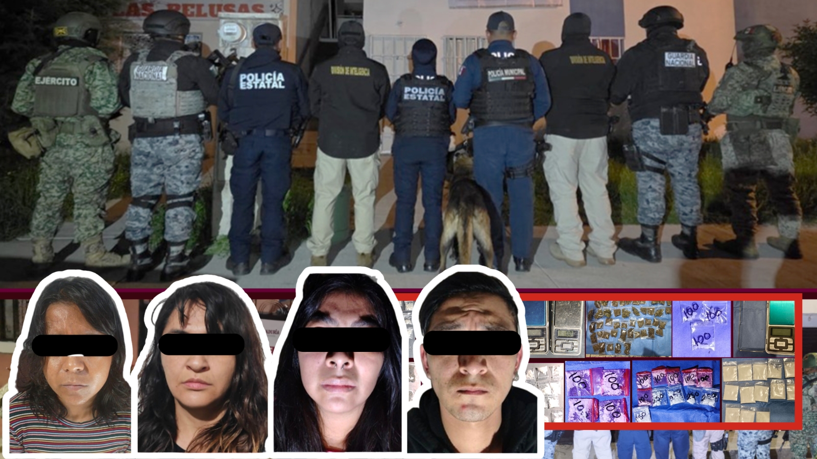 Droga y objetos asegurados durante cateos en Pachuca y Mineral de la Reforma.