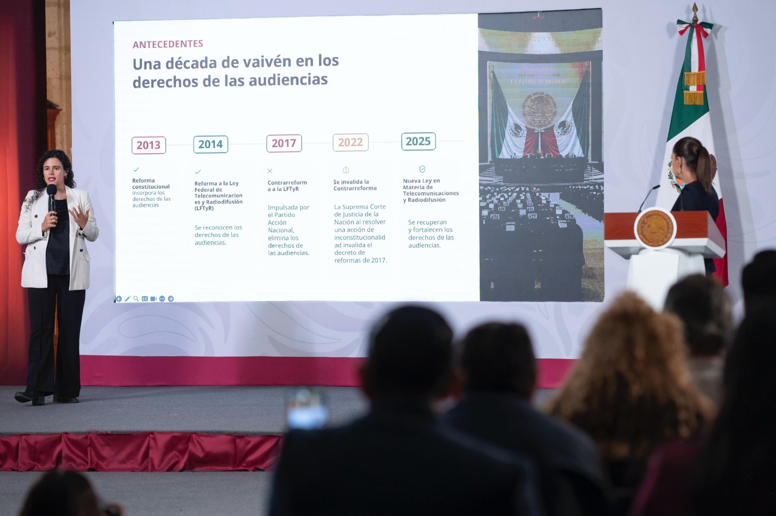 Claudia Sheinbaum durante el anuncio de la consulta pública sobre derechos de las audiencias.