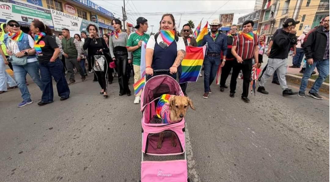 Participantes recorren las calles de Tizayuca durante la Marcha por los Derechos de la Comunidad LGBTQ+.