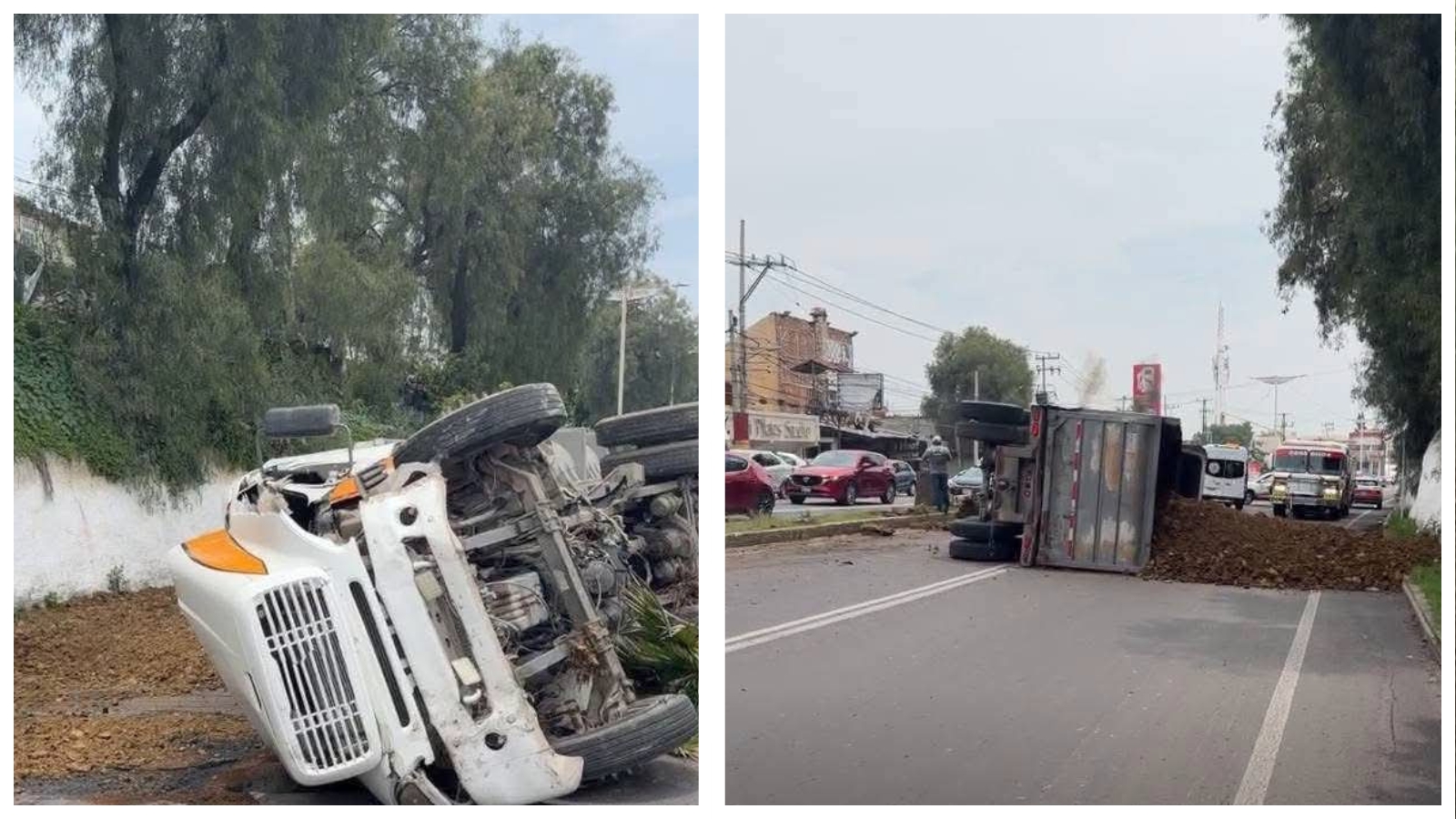 Camión de carga volcado sobre la carretera libre México-Pachuca en Tecámac.