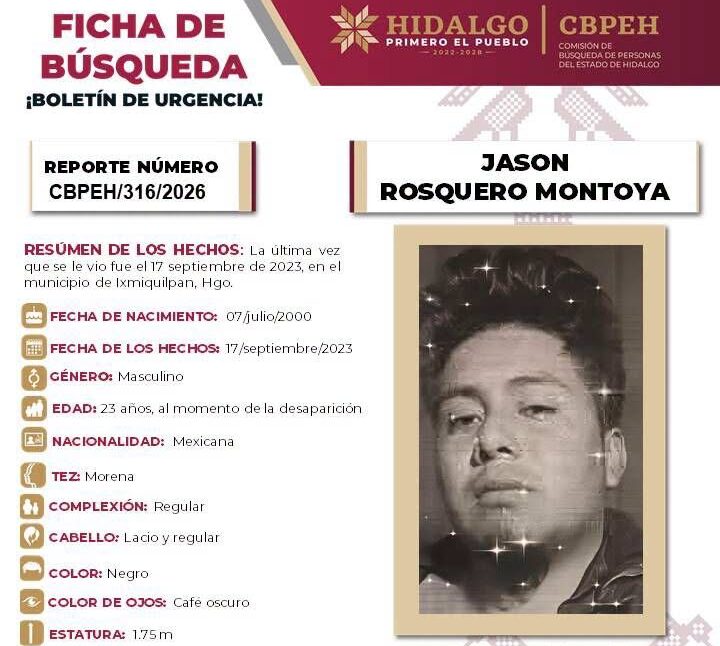 Ficha de Búsqueda de Jonson Rosquero, desapareció en Ixmiquilpan en 2023