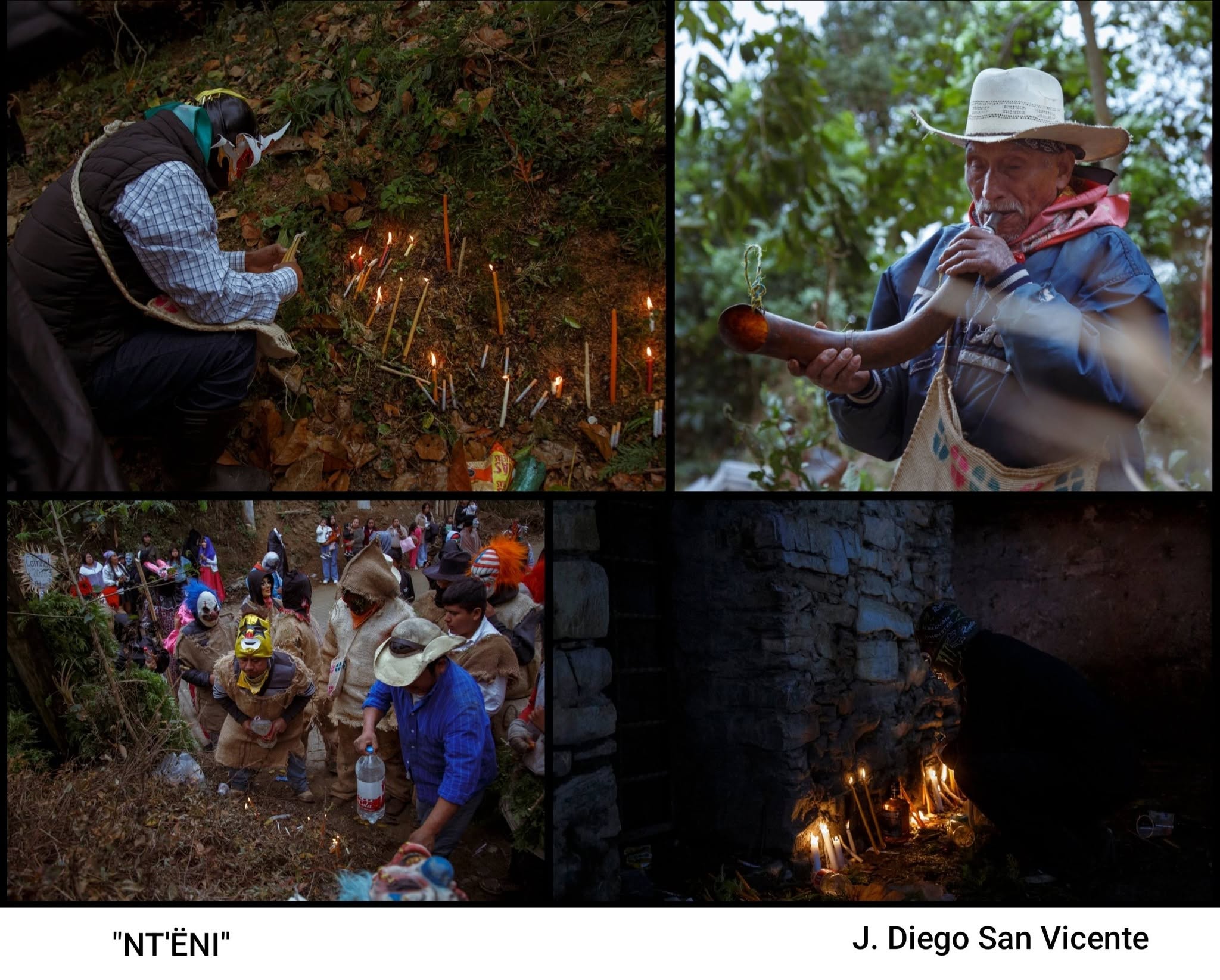 J. Diego San Vicente con fotografías del ritual otomí Nt'ëni en Huehuetla.