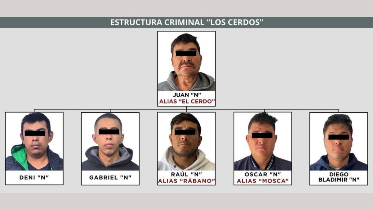 Integrantes de la banda "Los Cerdos" vestidos con uniformes de policía municipal