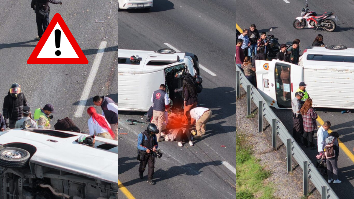 Pie de foto alternativo Cuerpos de emergencia atendieron a los pasajeros lesionados tras la volcadura de una unidad de transporte público cerca de la caseta de Ojo de Agua.
