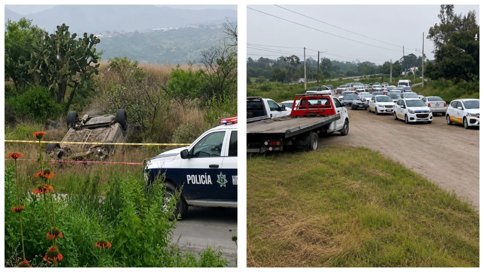 Vehículo volcado sobre la antigua carretera México–Querétaro en Tepeji del Río.