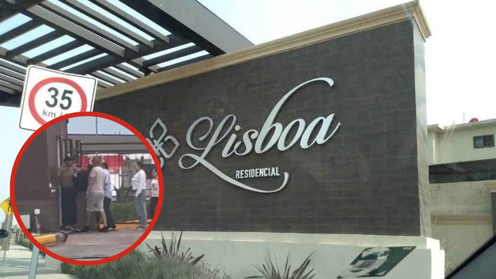 Personas discuten con personal de vigilancia en la caseta del fraccionamiento Lisboa, en Tizayuca.