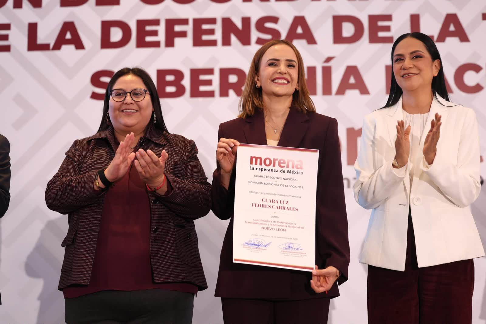 Clara Luz Flores durante su presentación como coordinadora de la 4T en Nuevo León