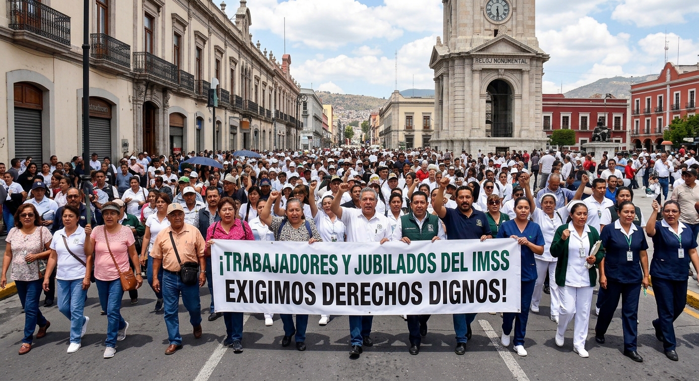 Trabajadores del IMSS durante movilización en Pachuca