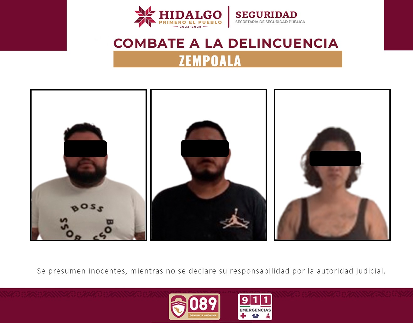Automóvil y objetos asegurados por la SSPH tras detención de tres personas en Zempoala.