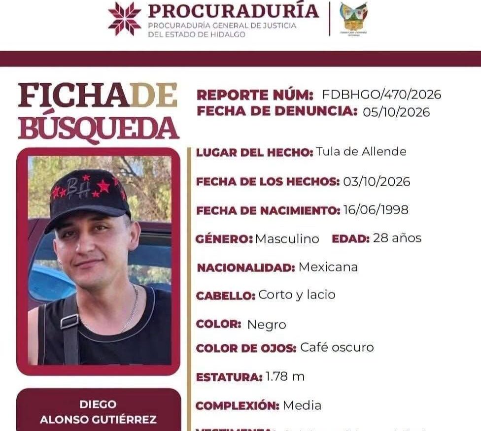 Ficha de búsqueda Diego Alonso Gutiérrez desaparecido en Tula