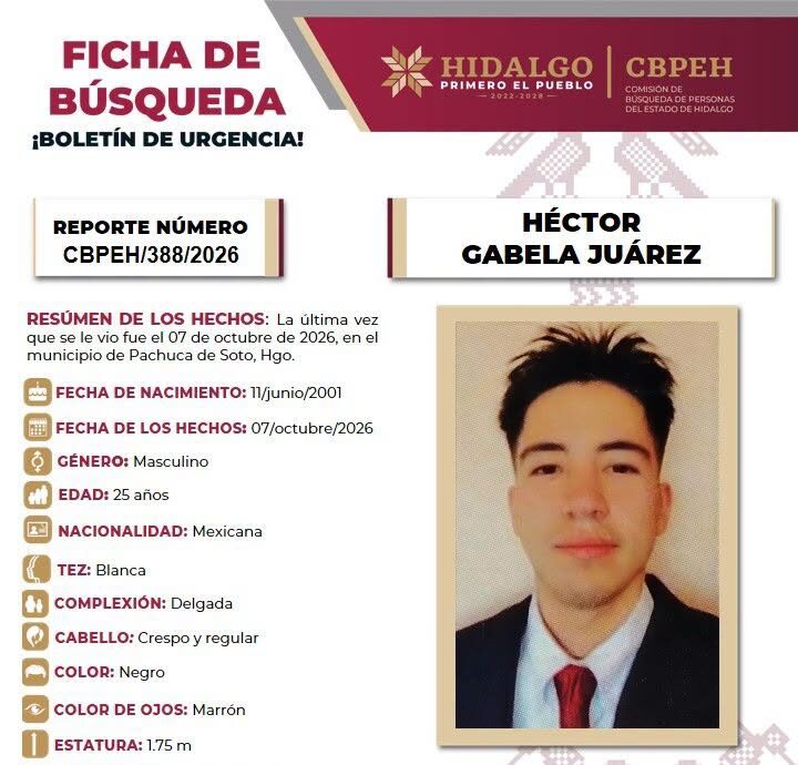 Buscan en Pachuca a Héctor Gabela Juárez de 25 años, reportado como desaparecido desde el 7 de octubre