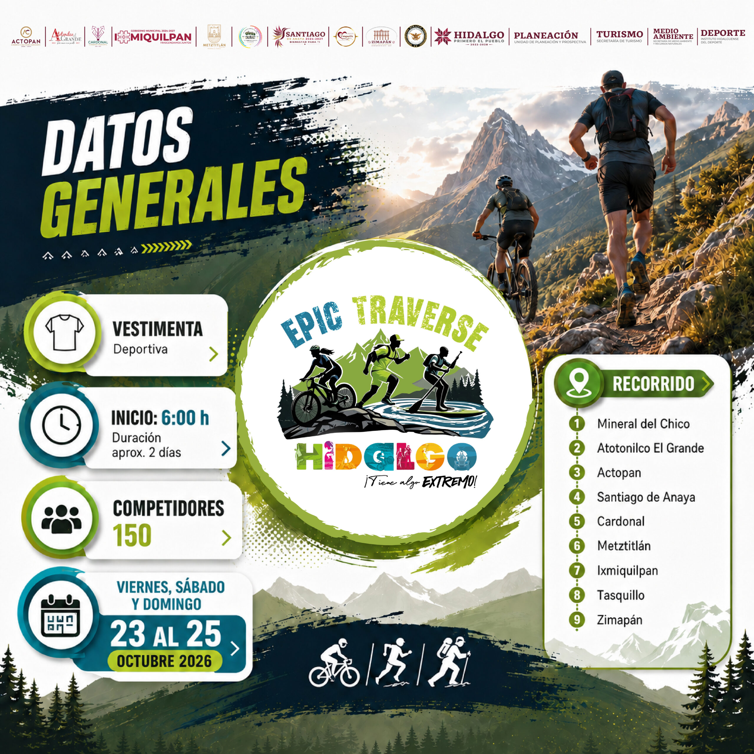Atletas de ciclismo de montaña y deportes de aventura durante una competencia en paisajes naturales de Hidalgo.